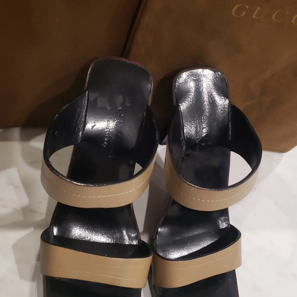 Gucci Leather Sandals Double Strap. 4" Heel Size 7 Tan Color - Picture 4 of 10